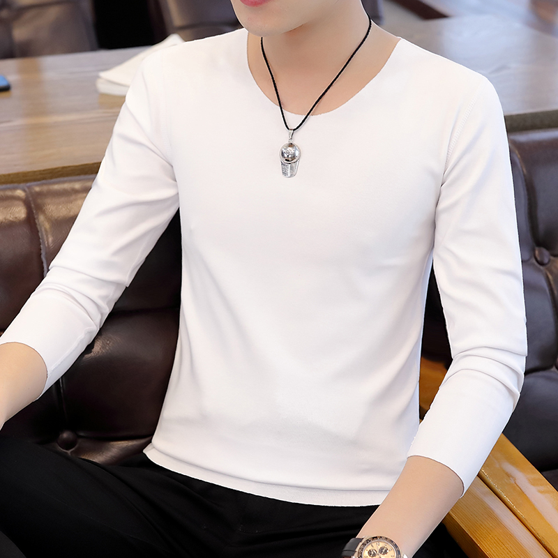 无痕长袖t恤男士内衣秋季薄款低领上衣韩版紧身V领白色内搭打底衫