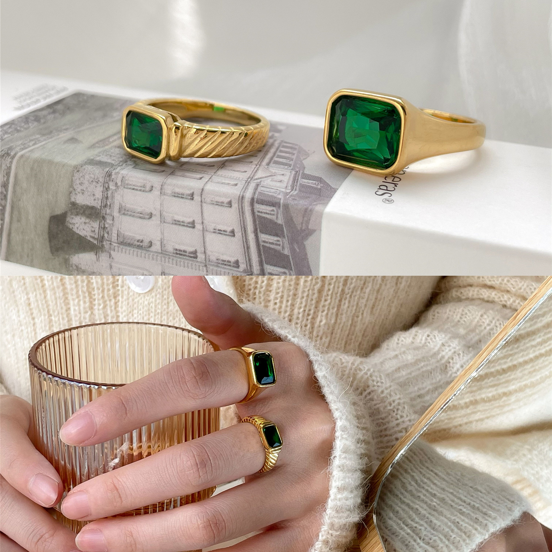 欧美时尚跨境大方钻锆石绿色钛钢镀金个性戒指指环中指食指不掉色