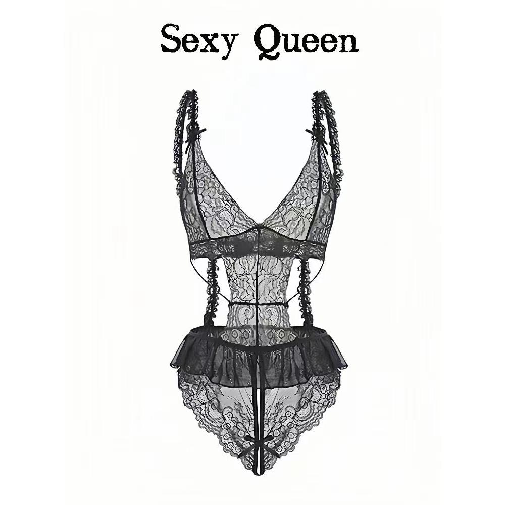 【Sexy Queen】 性感睡衣蕾丝连体衣女2023新款露背黑丝法式内衣
