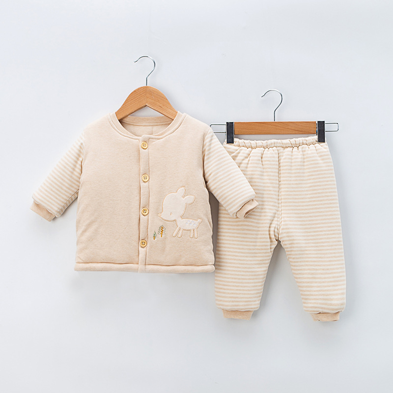 宝宝冬季保暖棉衣套装彩棉A类新生儿长袖贴布绣花棉衣0-12-24个月