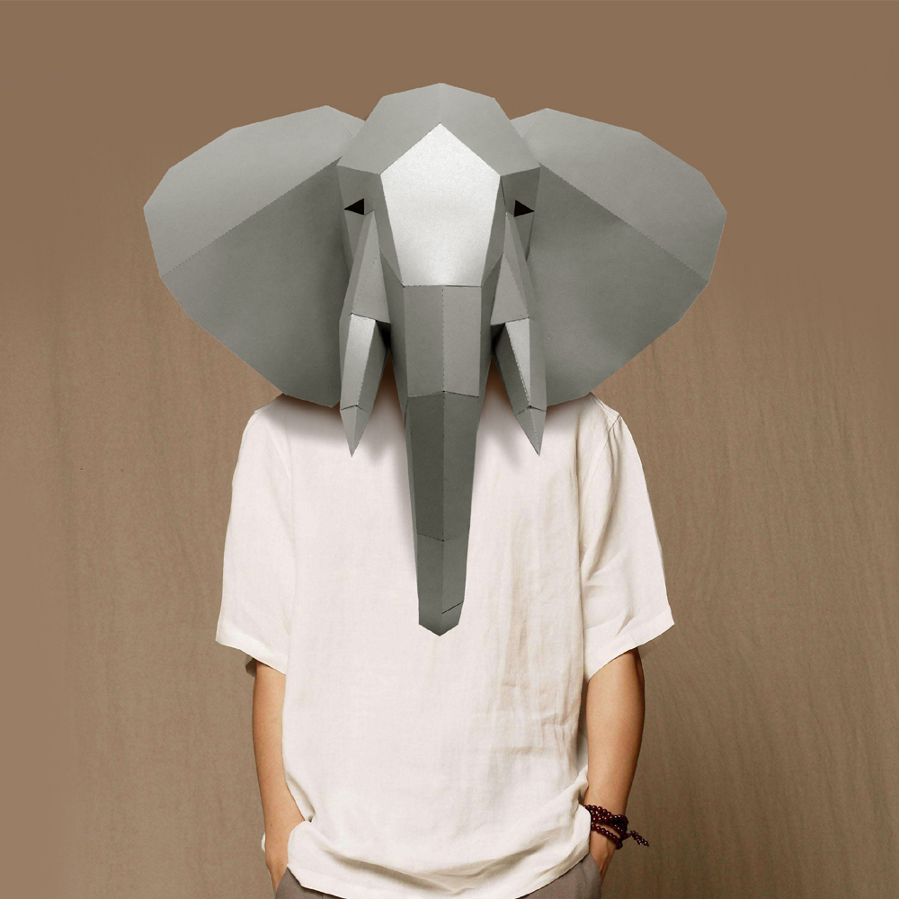 大象动物头套全脸面具免裁剪3D纸模型可戴派对节日表演出道具象头