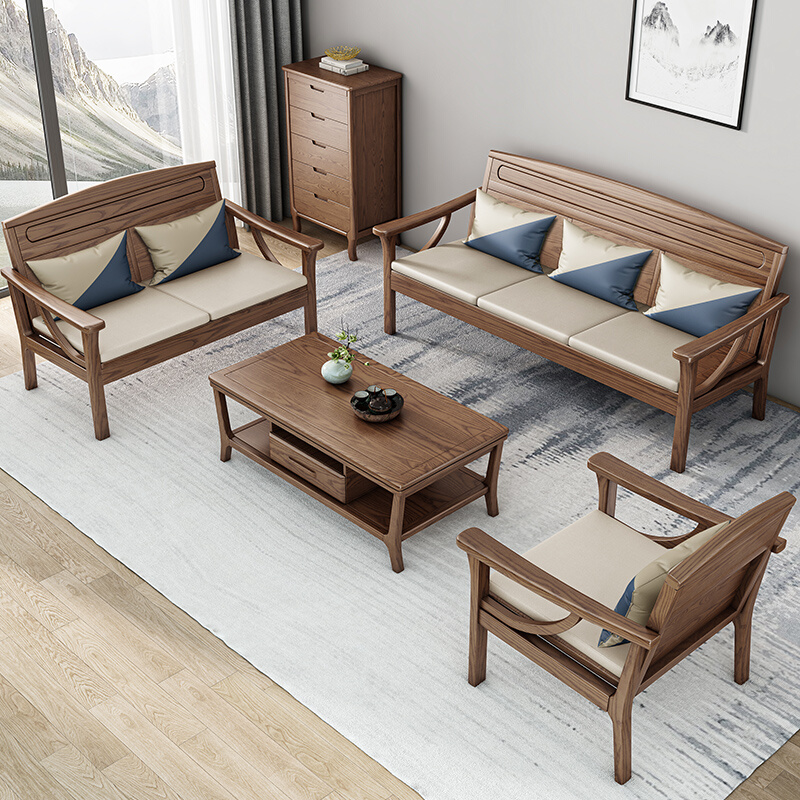 北欧布艺沙发组合客厅新中式实木三人位沙发简约白蜡木科技布沙发