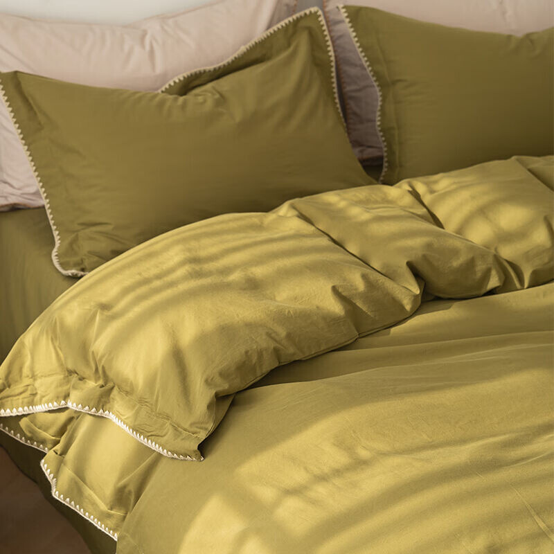 家北欧简约全棉四件套全棉水洗棉被套纯色床单件套床上用品朱古|