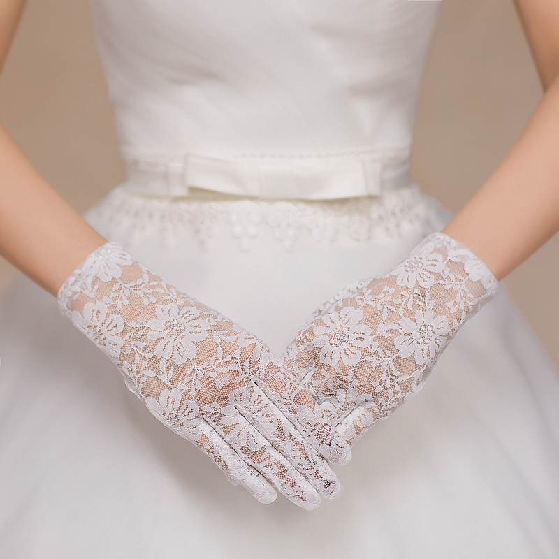 韩式新娘加长手套短款白色五指蕾丝勾指包指婚礼缎面手套结婚婚庆