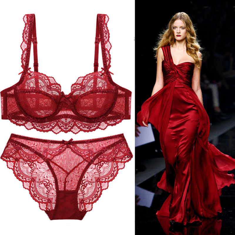 维多利亚新款超薄性感内衣女蕾丝诱惑红色本命年情趣聚拢文胸套装