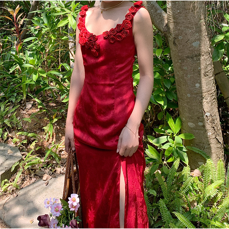 MONI夏季《红玫瑰》无袖法式红色连衣裙女夏中长款直筒裙气质复古