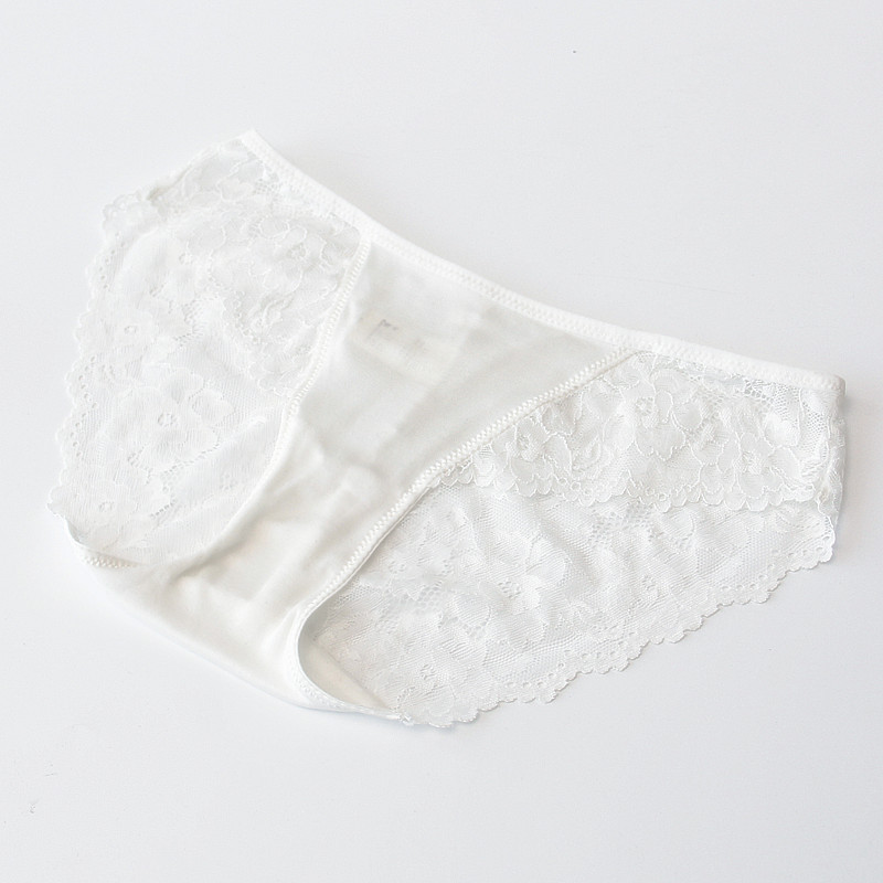 法国设计师CanaryKiss白色针织真丝内裤女低腰桑蚕丝裆蕾丝花边三