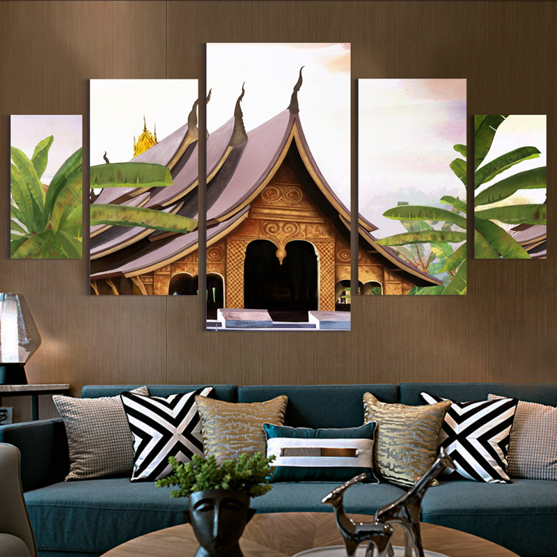 东南亚禅b意装饰画泰式建筑壁画傣族风格酒店壁画泰国风情餐厅挂