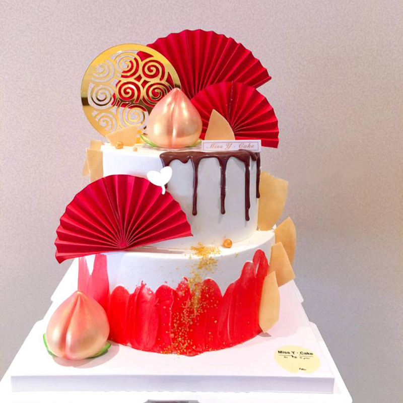 10包半圆折扇蛋糕插牌中国风扇子祝寿生日蛋糕装饰插件甜品台布置