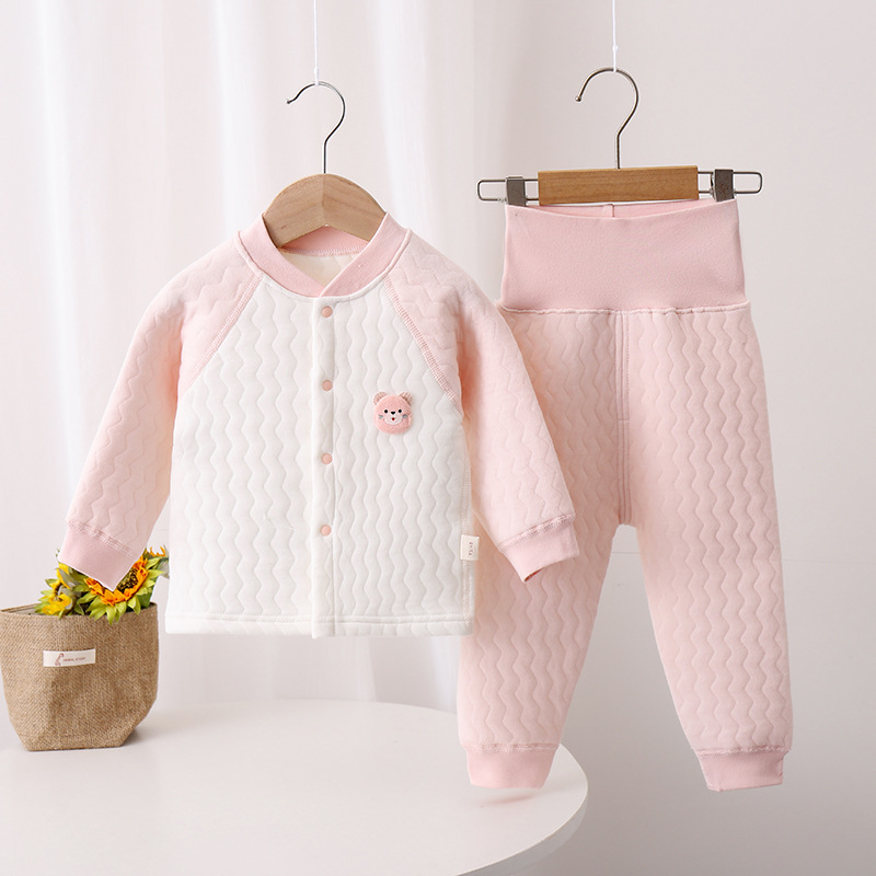 婴儿保暖内衣套装秋冬宝宝三层夹棉高腰护肚分体两件套新生儿衣服