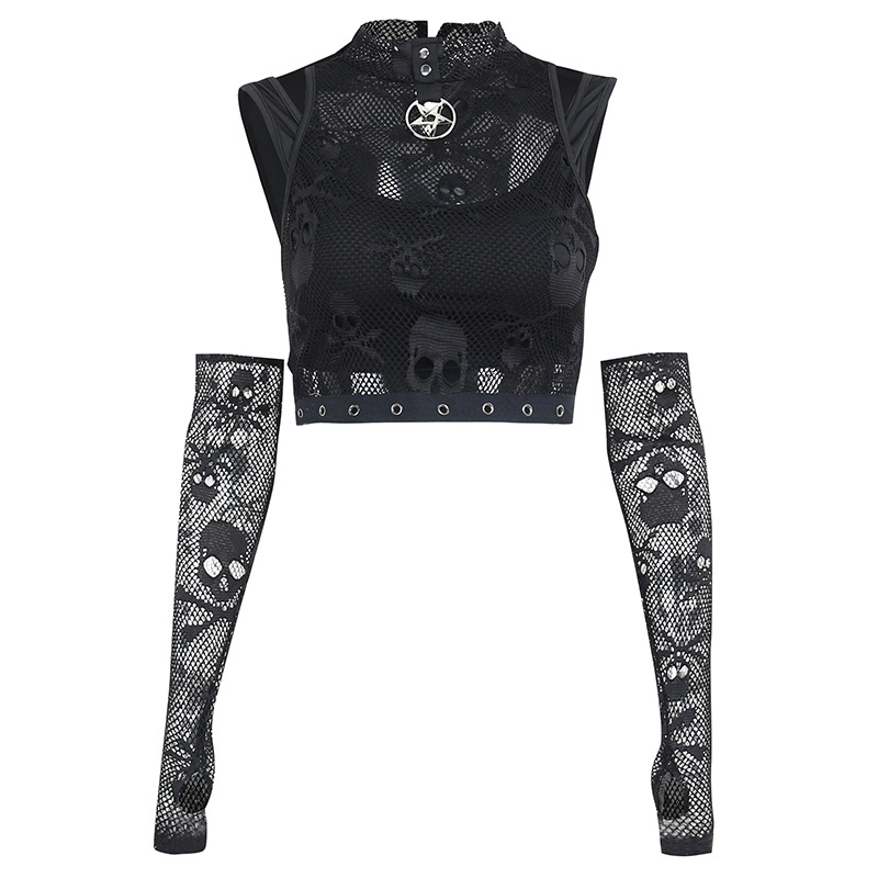 LIULIUGE暗黑哥特亚文化朋克摇滚骷髅图案网纱假两件背心吊带上衣