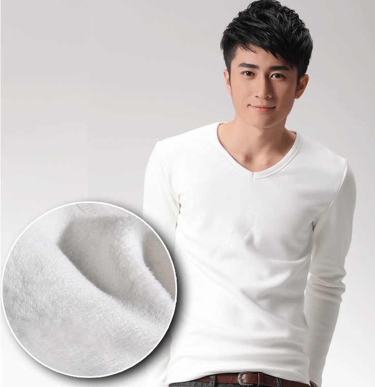定制春季韩版男士修身V领加绒加厚白色长袖T恤紧身打底衫保暖上衣