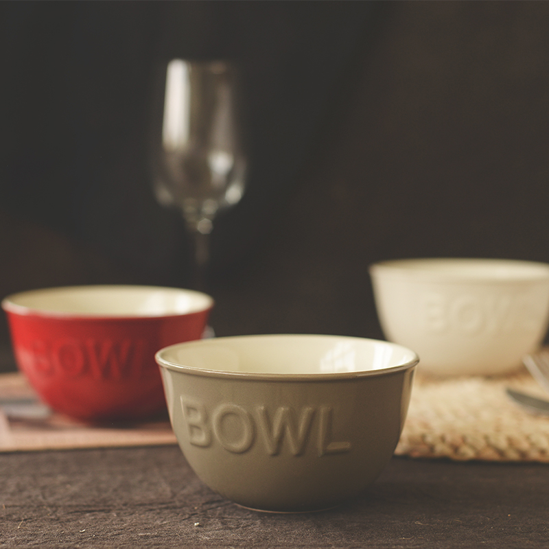 三拾家 英文浮雕日式风格饭碗家用米饭碗汤碗 复古个性陶瓷碗简约