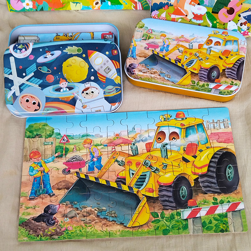 木制动物汽车铁盒装60片拼图儿童早教益智玩具幼儿园奖品生日礼物