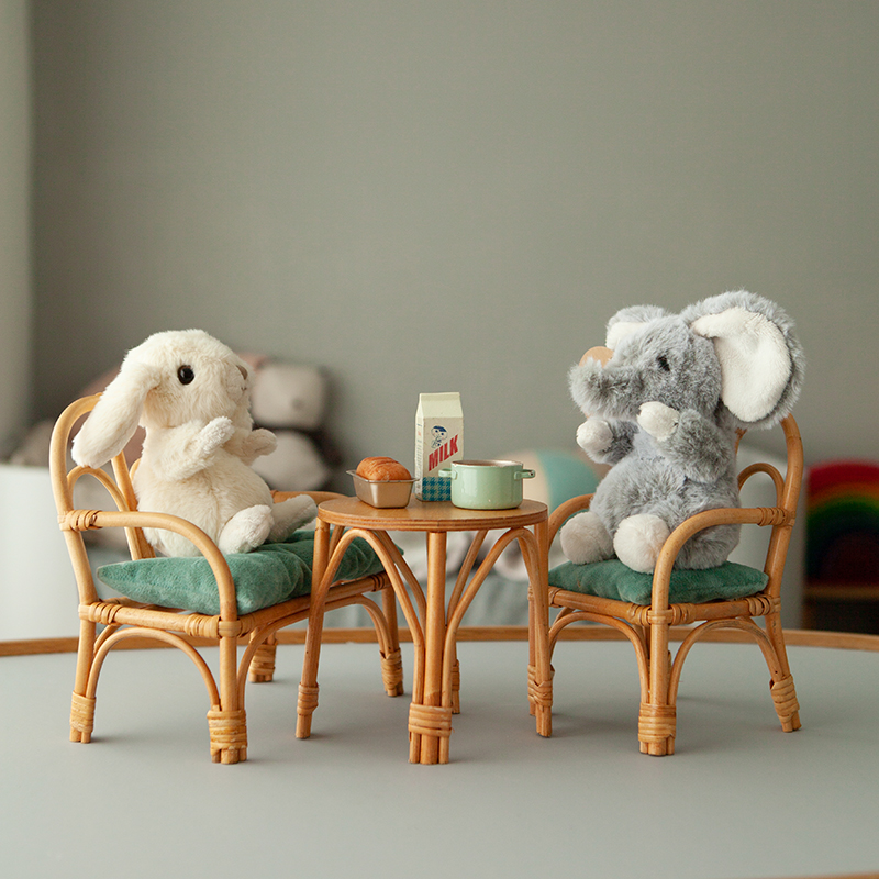 天然藤编手工艺品小家具摆件 过家家玩具娃娃场景 长椅+单人椅+桌