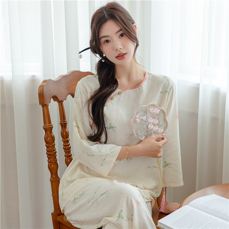 夏季中国风棉绸睡衣女薄款春秋新中式古风气质长袖绵绸家居服套装