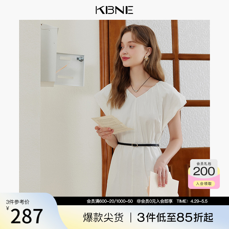 KBNE连衣裙女V领白色长裙2024夏季新款法式收腰显瘦高端精致裙子