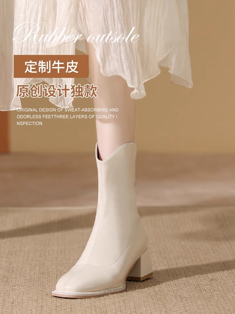 骄屿白色短靴女马丁靴2024年新款秋冬小踝靴方头粗跟高跟靴瘦瘦靴