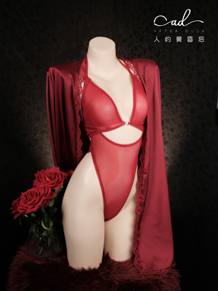 高潮红  性感连体内衣透视文胸套装显瘦气质原创设计高开叉红内衣
