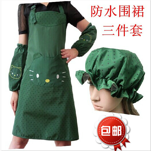 新款防污KT猫韩版加厚防水防油绘画围裙厨房家居工作服反穿衣帽