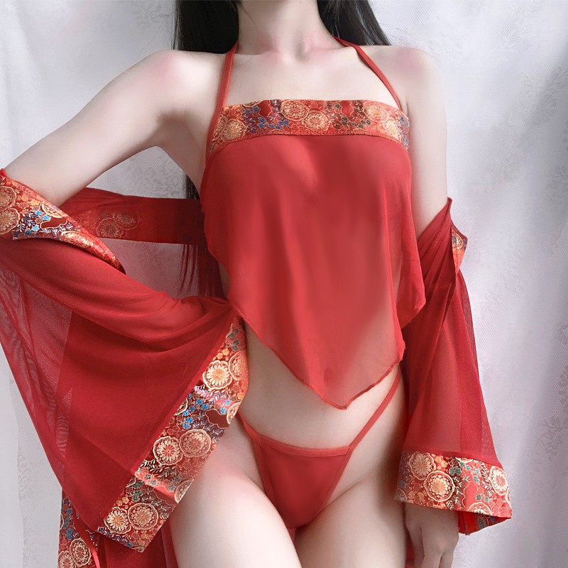 性感古装薄纱透视女款肚兜式睡衣套装红色大码情趣诱惑纯欲风内衣