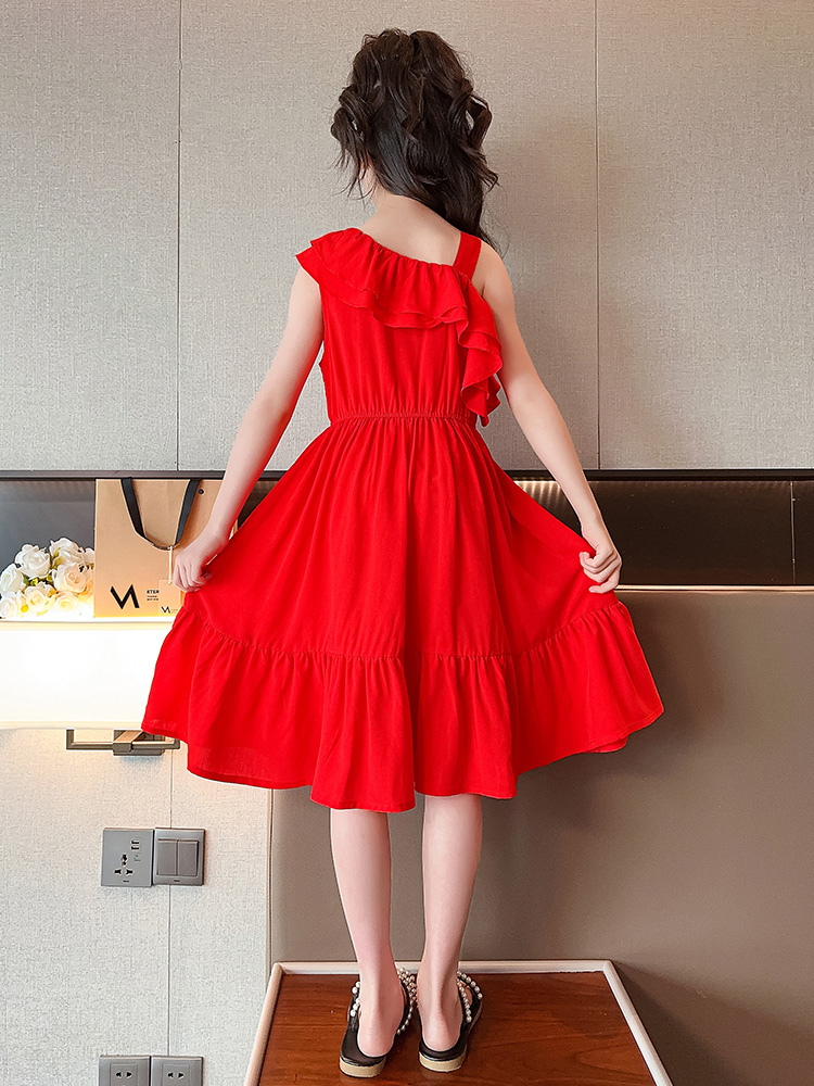 女童吊带连衣裙夏装2024新款网红女孩红色公主裙儿童洋气雪纺裙子