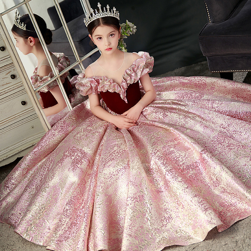 儿童礼服公主裙红色女走秀生日钢琴表演礼服主持人女童礼服小模特