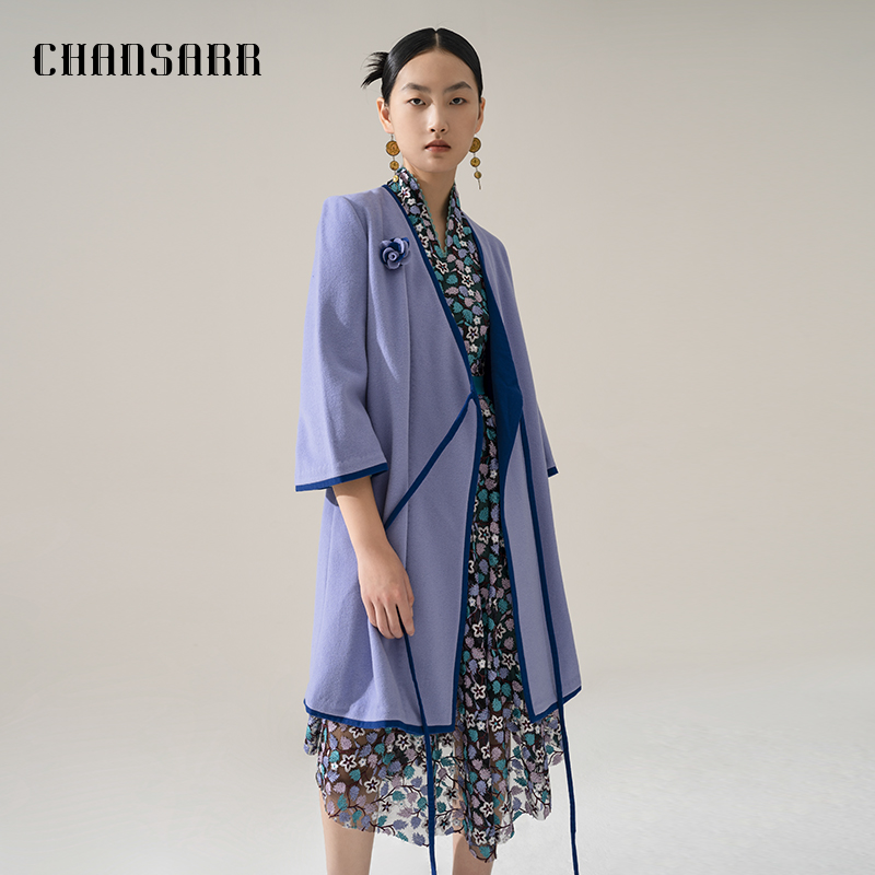 香莎CHANSARR 古典气质系带羊毛连衣裙 别致设计时尚立体装饰长裙