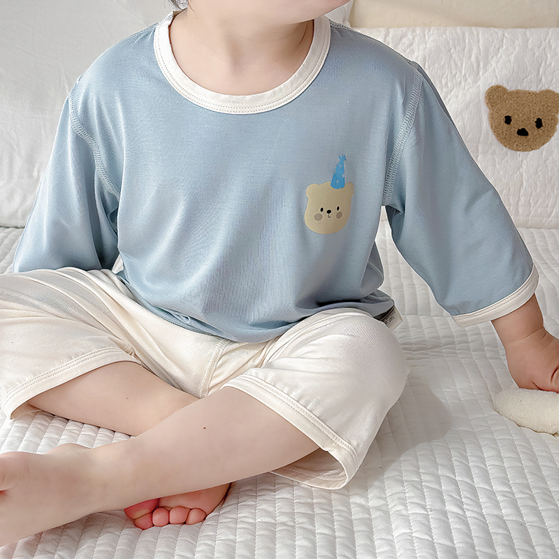 宝宝睡衣薄款儿童家居服夏季男童7分袖套装撞色莫代尔中童空调服