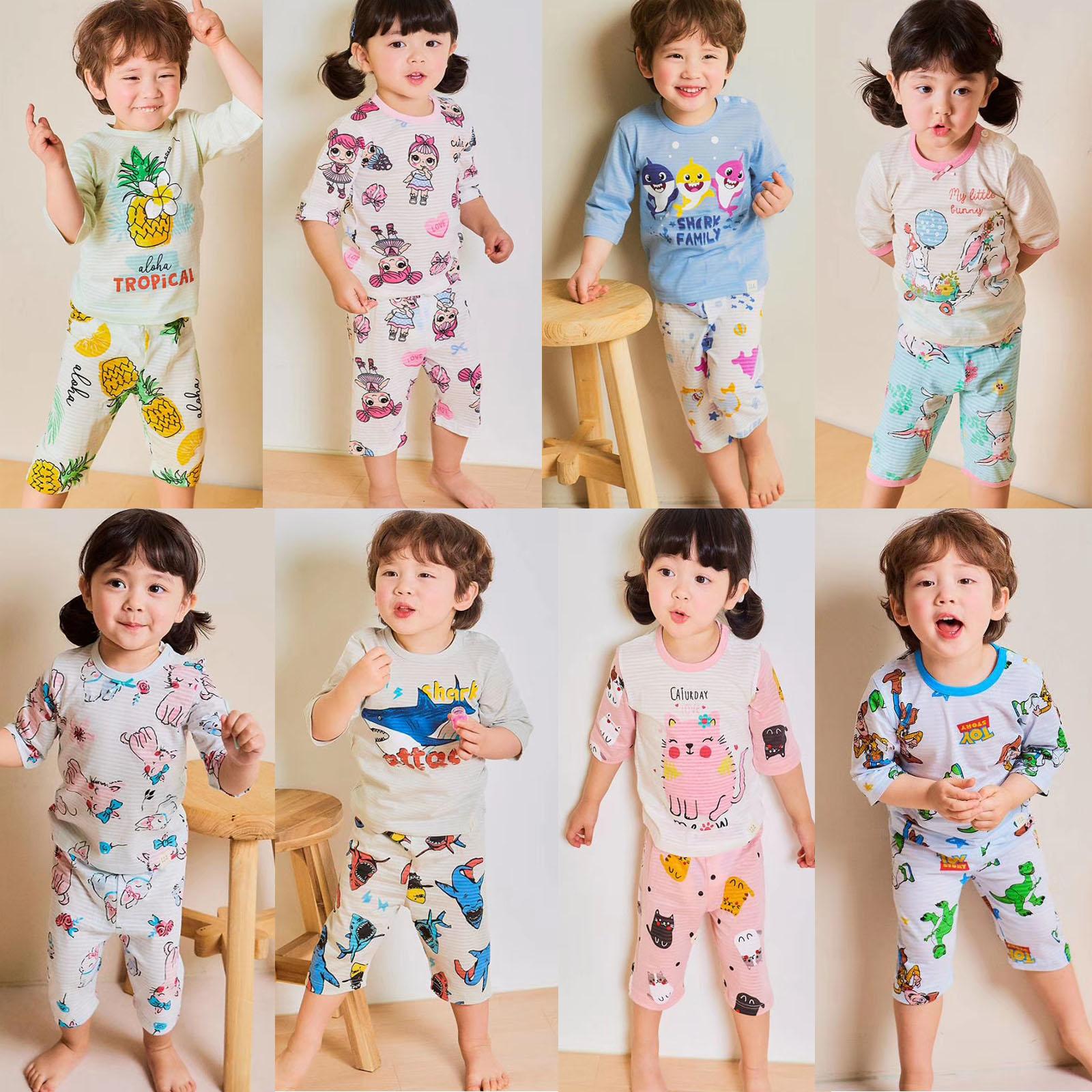 韩国男女童宝宝睡内衣套装超薄纯棉幼儿中大童睡衣空调服7分宽松9