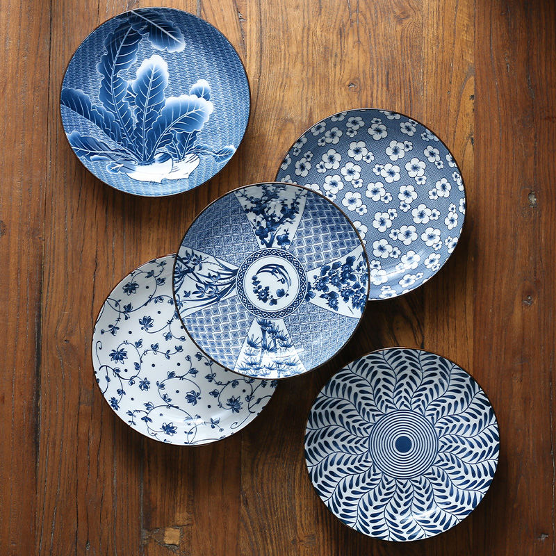 日式盘子菜盘家用餐具套装陶瓷碟子复古青色花餐盘饺子盘创意深盘