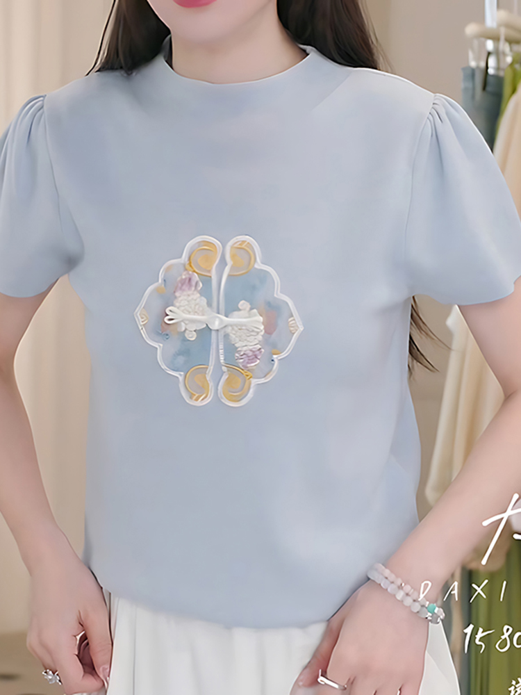新中式国风刺绣蓝色圆领半高领短袖T恤女夏季高级感别致绝美上衣