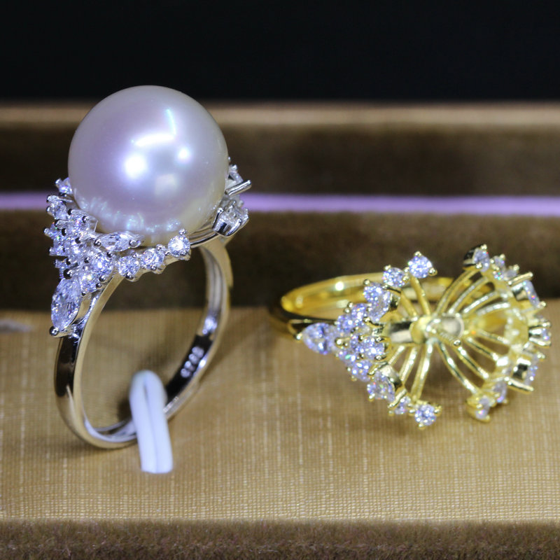 S925纯银珍珠戒指配件diy手工半成品冰雪女王指环空托精美锆石款