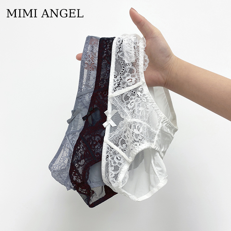 Mimi Angel蕾丝内裤女性感低腰法式轻奢纯棉裆包臀刺绣网纱内裤薄