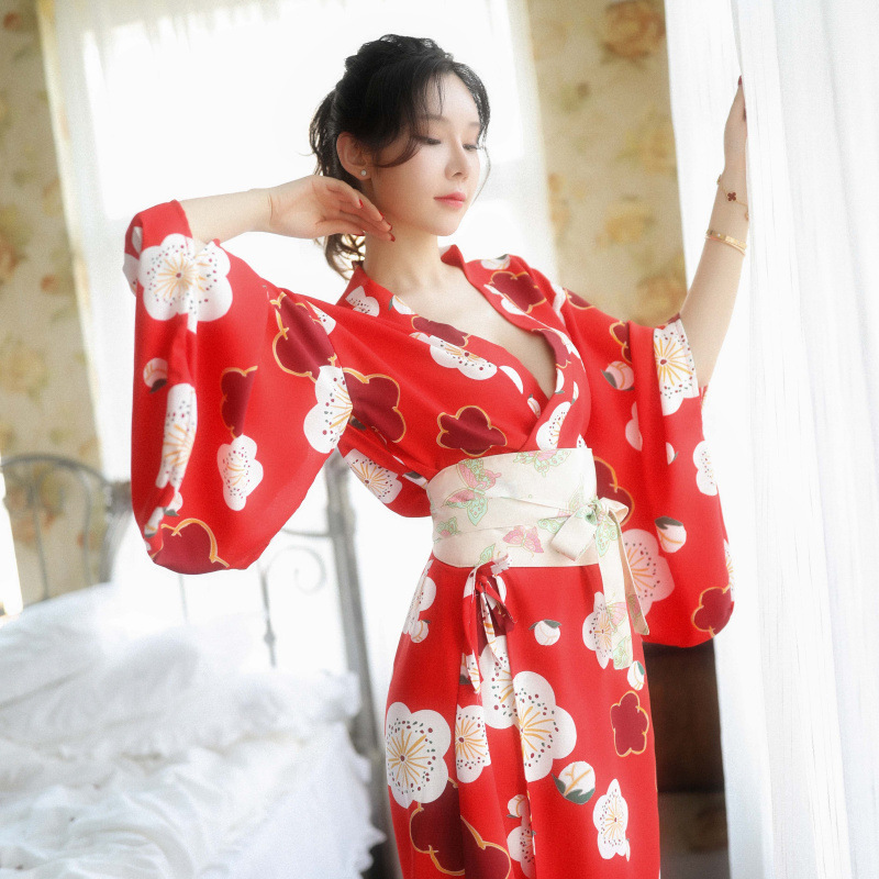 现货速发性感内衣性感印花制服日式花少女深V长款羽织和服性感睡