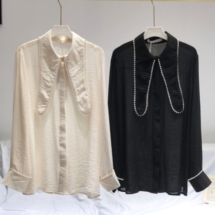 1010暖冬节珍珠衬衫夫人钱家雪梨定制气质珍珠领设计感衬衫