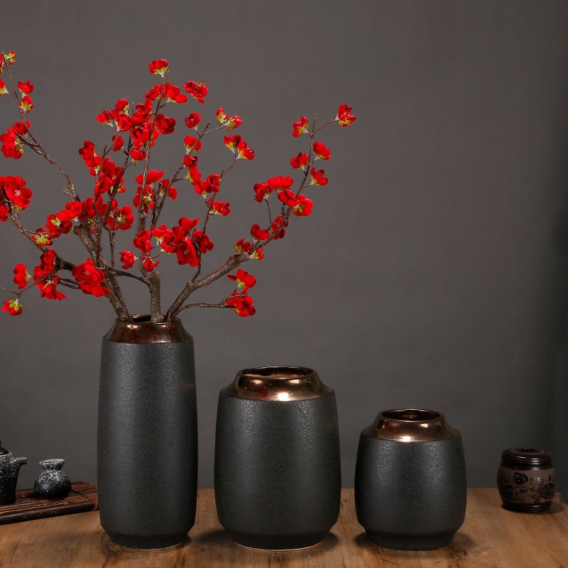 花格一间复古黑金陶瓷花瓶摆件客厅中式插花腊梅干花粗陶花器装饰